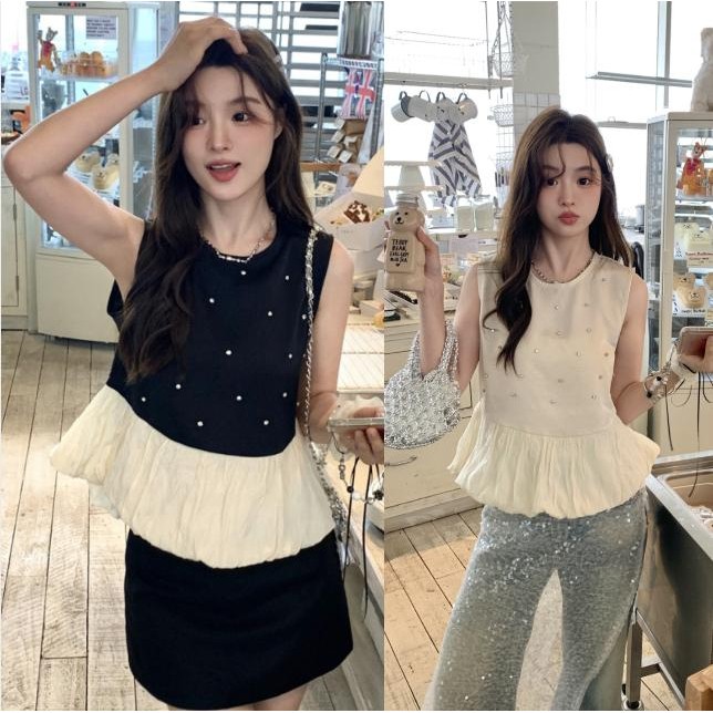 Gamin-0741 เสื้อแฟชั่นแขนกุด แต่งปลายระบาย น่ารักดูแพง เข้าชุดง่าย #R27-1