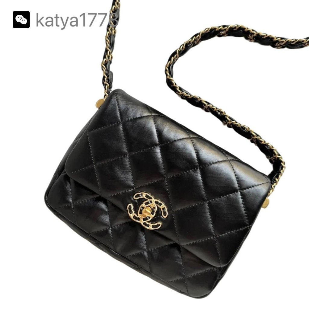 [Premium] [C Home] 23K 19 Hobo Pleated Cowhide Chain Tofu Bag AS3572 Black Gold