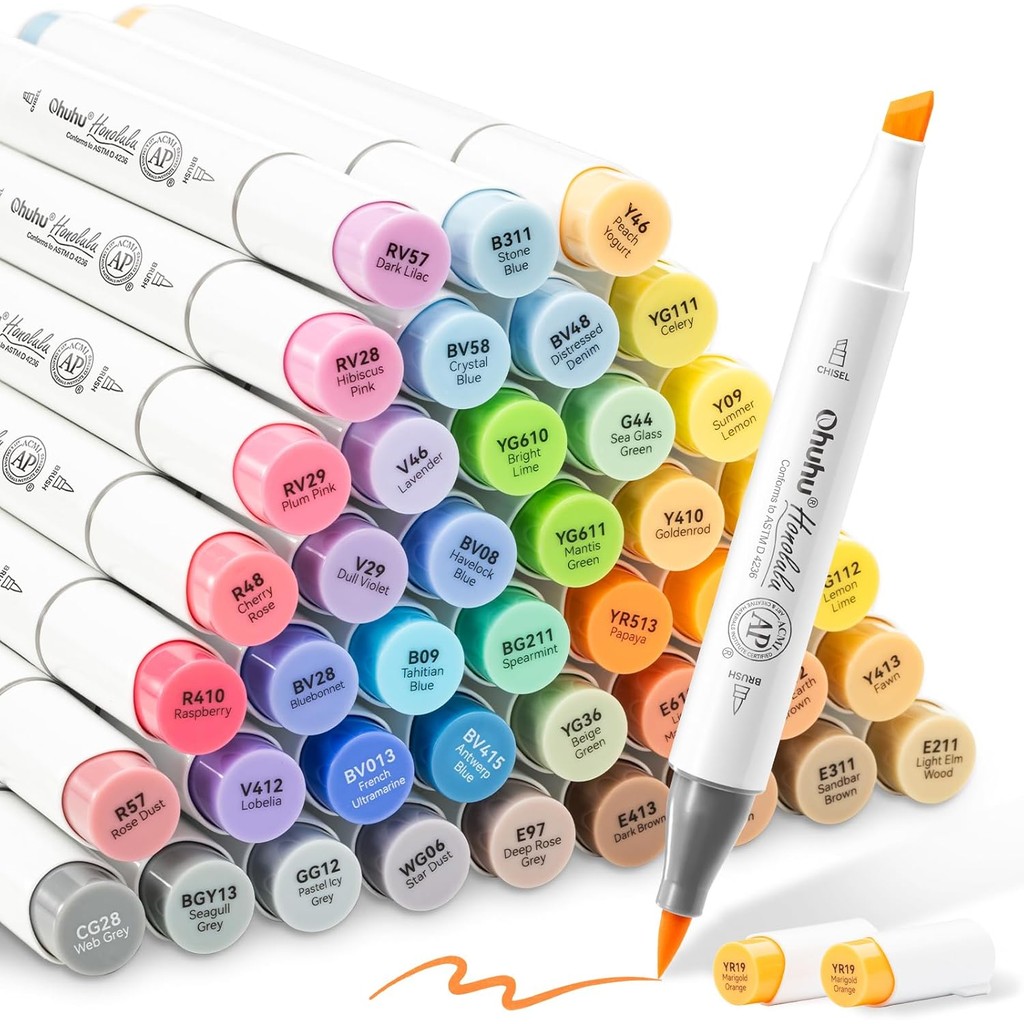 Ohuhu แปรงแอลกอฮอล์ Markers 48 สีกลาง- Double Tipped Alcohol Based Art Marker ชุดสําหรับศิลปินผู้ใหญ