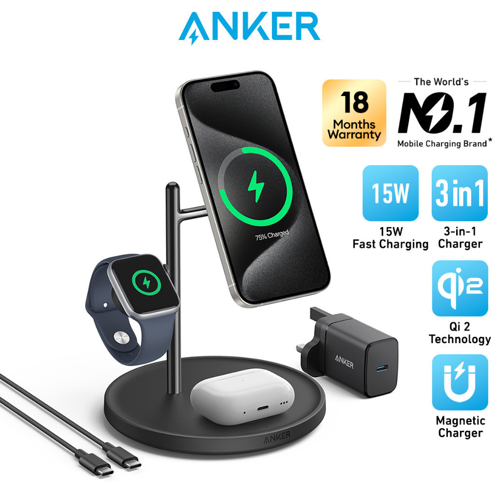 Anker MagGo สถานีชาร์จ 3 ใน 1 ขาตั้ง Qi2 ได้รับการรับรอง 15W Ultra Fast แท่นชาร์จแม่เหล็ก B25M3HT99 