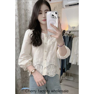 เสื้อผ้าแฟชั่นผู้หญิงใหม่ ผลิตจากผ้าฝ้ายแท้ปักลูกไม้ แขนยาว สไตล์เรียบหรู