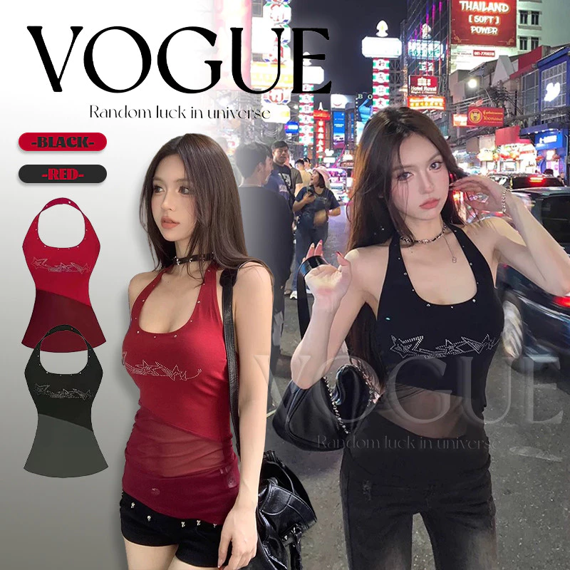 Vogue🌟พร้อมส่ง🌟 เสื้อกล้าม เสริมฟองน่ำในตัว ดีเทลซีทรูเก๋ๆ ติดดาวน่ารัก ผ้านุ่มนิ่ม (FY8803)