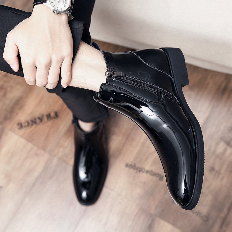 รองเท้าผู้ชายสไตล์อังกฤษ Seasonal Spring & Autumn, หนังเงางามแบบสิทธิบัตร, High-top Chelsea Boots