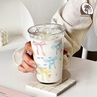Home café แก้วน้ำแก้วกาแฟ ลายโบว์สีชมพู โปร่งใส แก้ว แก้วน้ำ แก้วกาแฟ สำหรับร้านกาแฟ