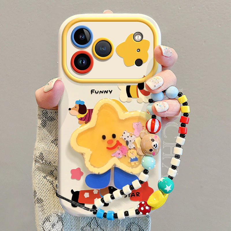 สําหรับ IPhone 17 Air 16 15 14 13 12 11 Pro Max X XR XS Max 7 8 Plus ลูกสุนัขการ์ตูนน่ารักพร้อมขาตั้งสร้อยข้อมือรูปดาวตัวอักษรน้อยเคสโทรศัพท์ปกอ่อน