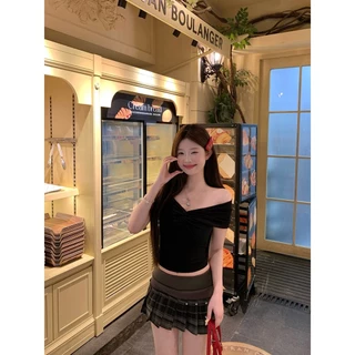 Hotgirl พร้อมส่ง เสื้อแฟชั่นแขนสั้นผู้หญิง เสื้อครอป สไตล์เกาหลีแบบเรียบง่าย สไตล์เปิดไหล่ สาวร้อนแรง