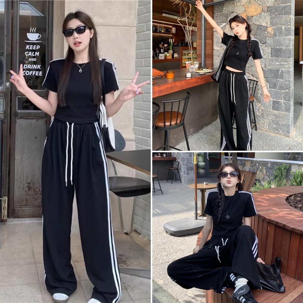 Hotgirl พร้อมส่ง ชุดเซ็ท ชุดเซต2ชิ้น เสื้อยืดสีดำ + กางเกงขายาว สไตล์เกาหลี สีพื้น แฟชั่น ลำลอง และสวมใส่สบาย