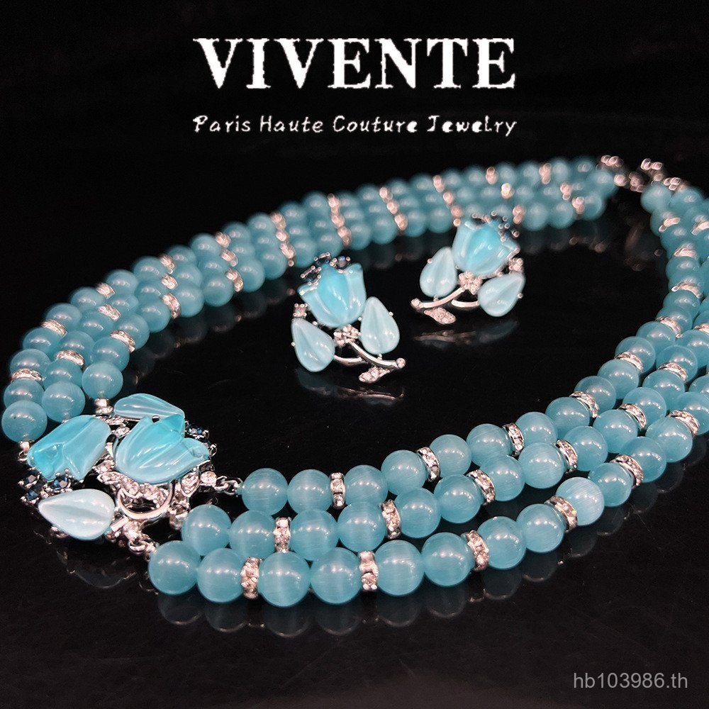 สร้อยคอมุกว่ายน้ำสีฟ้าพร้อมต่างหูกลาง ชุดเครื่องประดับสไตล์คลาสสิกหลายชั้นและประดับเงินคุณภาพสูง IWT