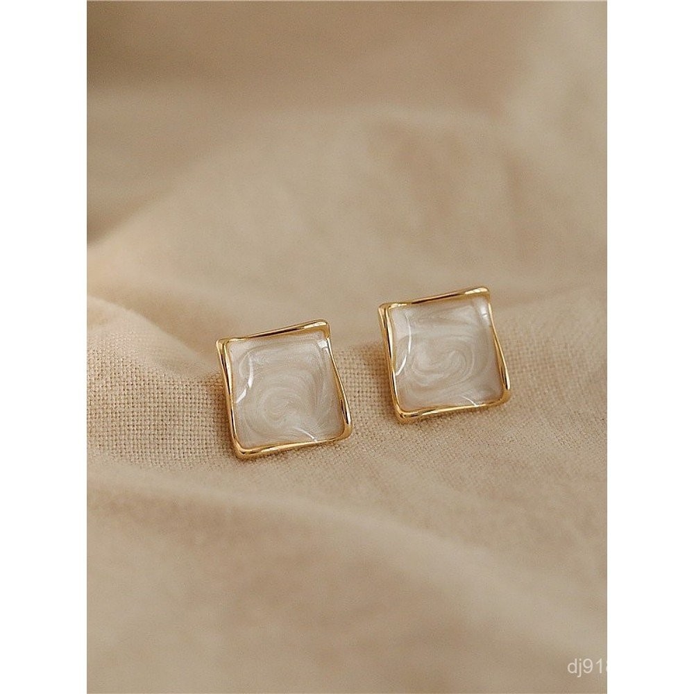 Drip Glaze S925 Simple Dura French Wave Silver Needle Walk Temperament ต่างหู High-End ต่างหูสแควร์ 