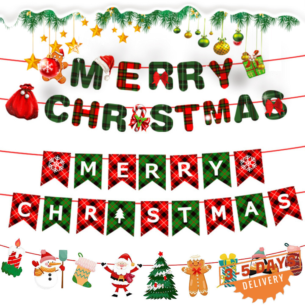 [จัดส่ง 3-5 วัน]แบนเนอร์คริสต์มาสตกแต่งงานปาร์ตี้ | 300 ซม.Santa Snowman ธงกระดาษสําหรับ Home Wall, Festive Pull Garland ปีใหม่ Xmas Decor