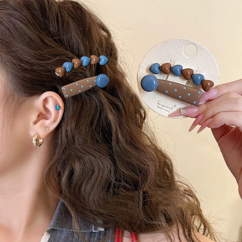 เกลือทะเลสีกาแฟ Polka Dot คลิปผมทรงดั๊กบิล สไตล์หวานสำหรับคนชอบของพรีเมียม