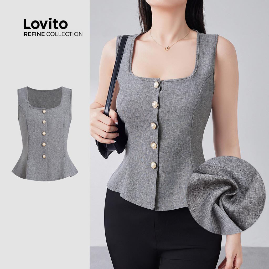 (Lovito Refine) เสื้อคอปกดีเทลระบายที่ชายเสื้อด้านหน้า สีเทาสำหรับผู้หญิง สไตล์เรียบหรู เหมาะสำหรับฤดูใบไม้ผลิ/ฤดูร้อน LR13E025