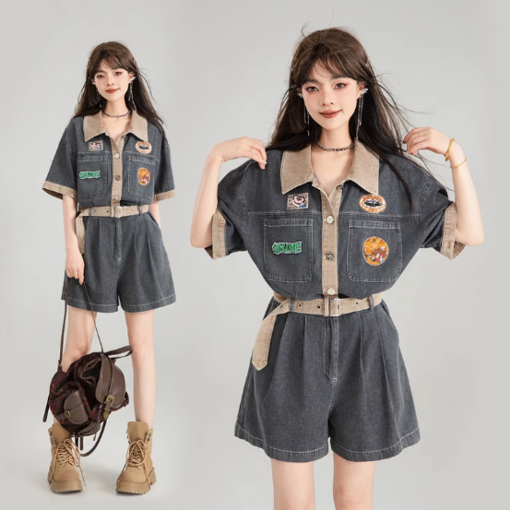 Retro American Tooling กางเกงยีนส์ Jumpsuit เอวสูงบางและบางกางเกงขาสั้น RT002