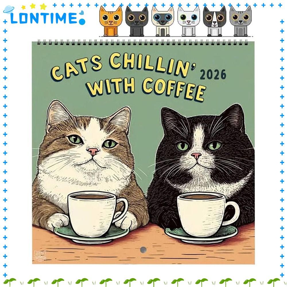 LONTIME 2026 ปฏิทิน, 12 รายเดือนกระดาษหนา Cat Cafe ปฏิทิน, Creative Family Planner Handmade Wall ปฏิทินตกแต่งบ้าน