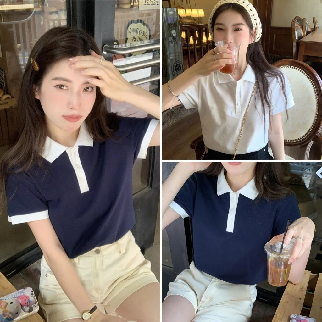 Hotgirl พร้อมส่ง เสื้อโปโลเกาหลี เสื้อยืดแฟชั่นผู้หญิง สีพื้นเบสิก ด้วยปุ่ม แขนสั้น สไตล์ย้อนยุคสบายๆ ทรงสั้นเข้ารูป