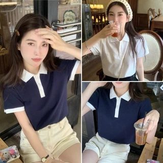 Hotgirl พร้อมส่ง เสื้อโปโลเกาหลี เสื้อยืดแฟชั่นผู้หญิง สีพื้นเบสิก ด้วยปุ่ม แขนสั้น สไตล์ย้อนยุคสบายๆ ทรงสั้นเข้ารูป