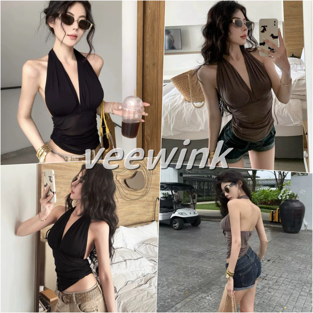 Veewink เสื้อสายเดี่ยวคอฮาล์เตอร์ สีดำ Vคอลึก หลังเปิด เนื้อผ้าเชือกตาข่าย สไตล์สาวเกิร์ล