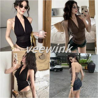 Veewink เสื้อสายเดี่ยวคอฮาล์เตอร์ สีดำ Vคอลึก หลังเปิด เนื้อผ้าเชือกตาข่าย สไตล์สาวเกิร์ล