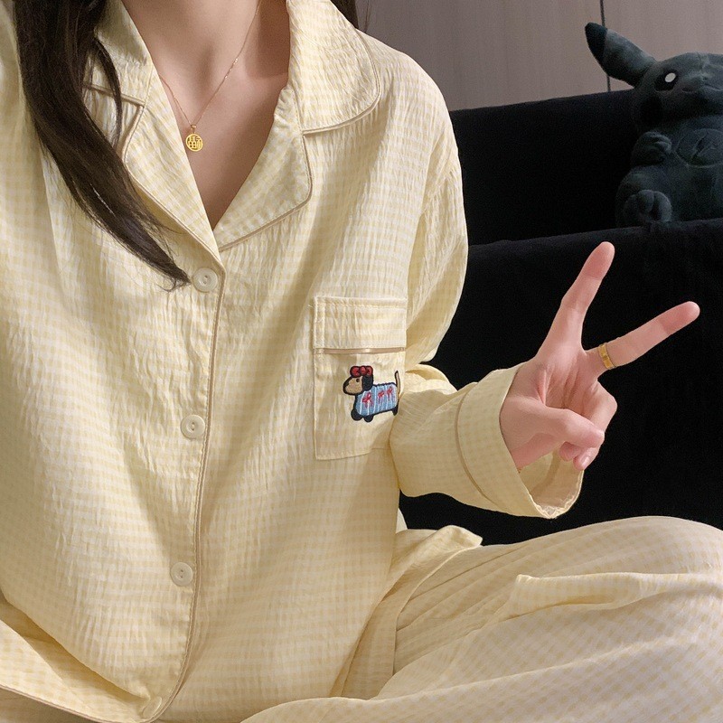 M-4XL ชุดนอน Cross-Border Plus ขนาดชุดนอนผู้หญิงครีมชีสตารางสีเหลืองปัก Dachshund สุนัขฤดูใบไม้ผลิฤดูใบไม้ร่วงแขนยาวสาวชุดสามชิ้น
