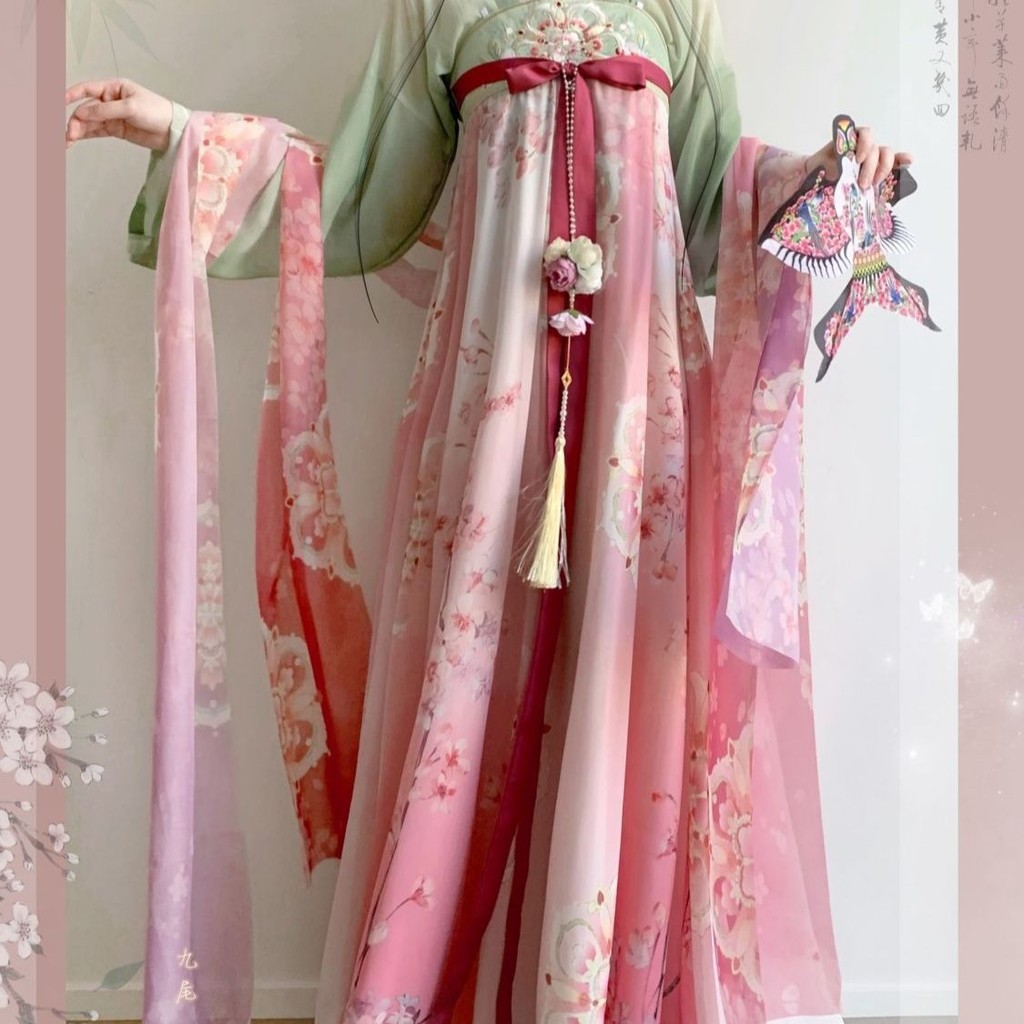 原创【春枝语】汉服仙气春秋刺绣破裙桃红柳绿唐制齐胸日常套装Original [Chunzhi language] Chinese clothing immortal spring and autumn