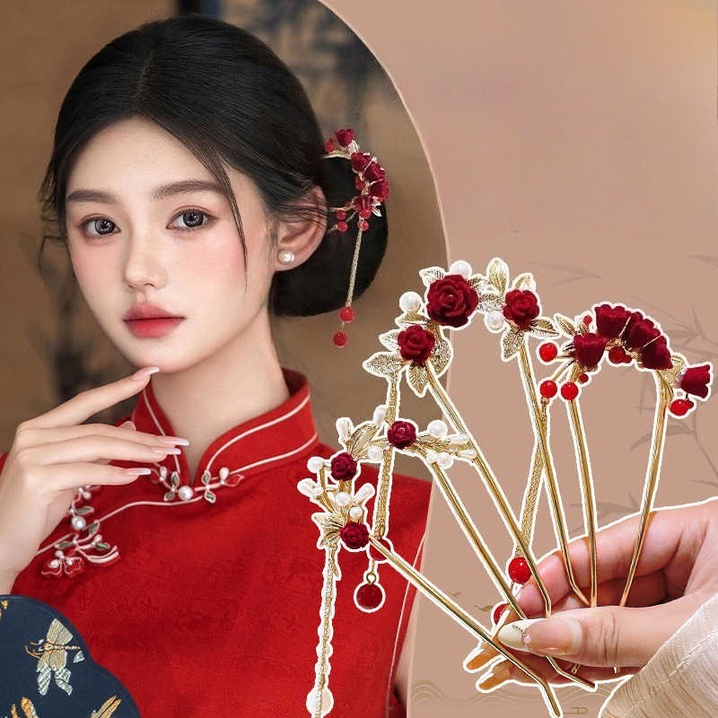 กิ๊บพู่สีแดงสไตล์จีน สำหรับผู้หญิง ใช้ได้ในวันสำคัญและงานประเพณี