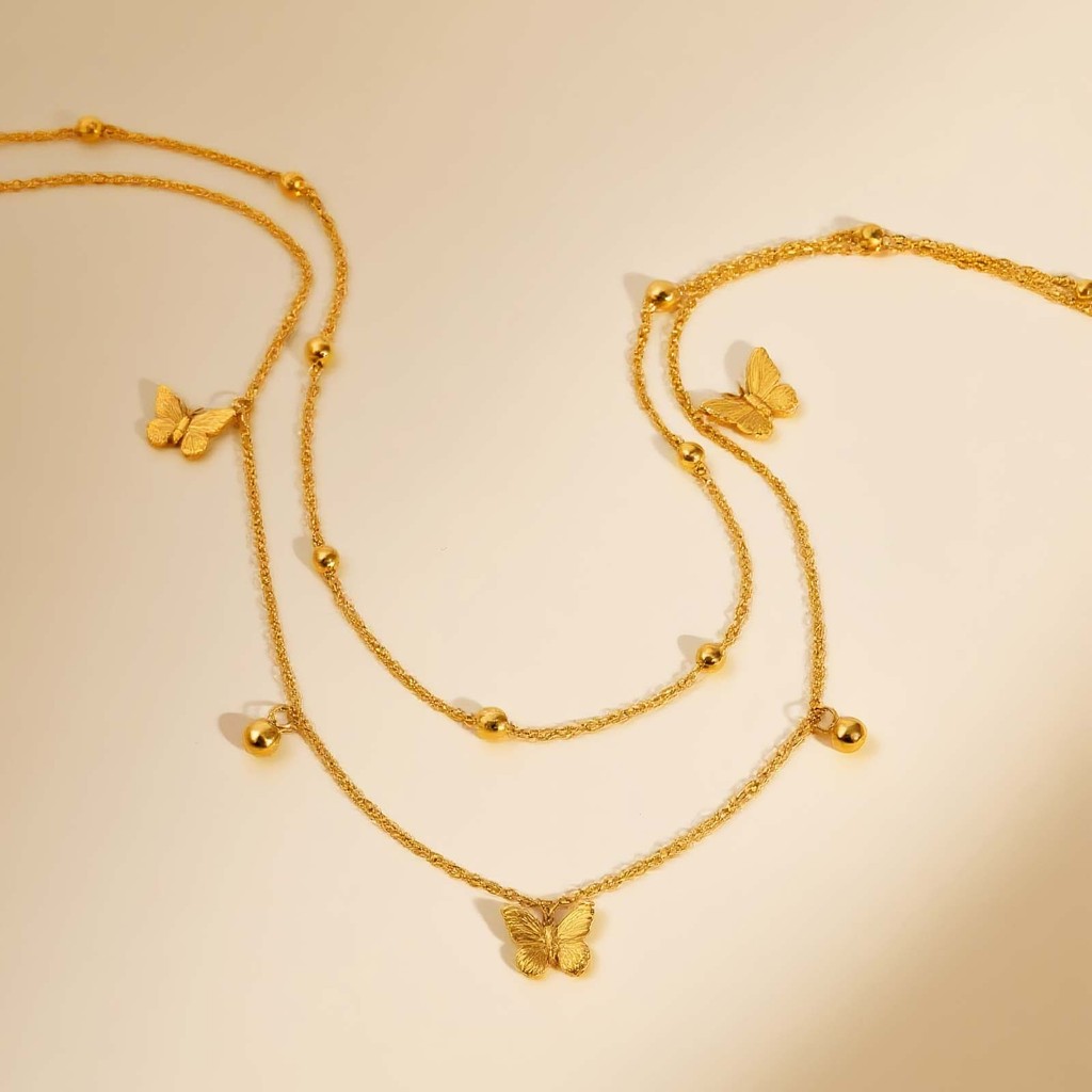 Vnox ทองลูกปัด Double-Layer ซ้อนผีเสื้อโบว์อุปกรณ์เสริมจี้ Link Chain สร้อยคอผู้หญิงสาวสแตนเลสไม่ซีดจางประณีตเครื่องประด - รูปที่ 3