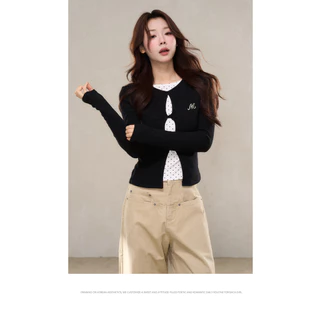 JENNY🏐พร้อมส่ง⚫️เสื้อยืดแขนยาวทรงครอป สายโพกาดอทสไตล์เกาหลี ดีไซน์เก๋เก๋ เสื้อเชิ้ตรัดรูปสองชิ้นติดกันแฟชั่นผู้หญิงY2K
