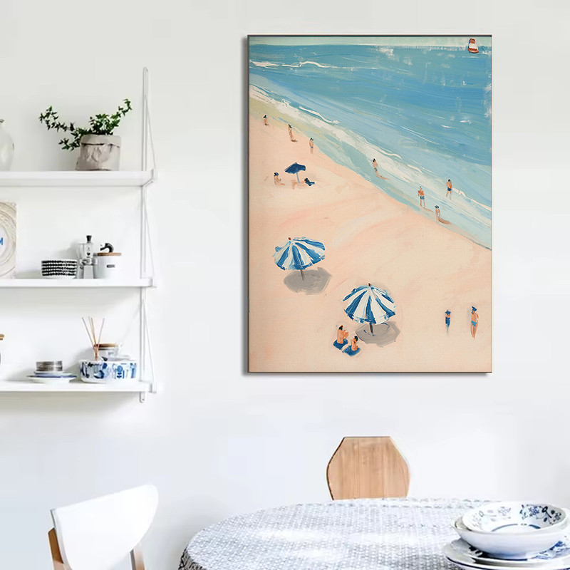 โปสเตอร์สไตล์มินิมอลริมทะเล พิมพ์บนผ้าใบ สีฟ้าขาวพร้อมดอกไฮเดรนเยีย - รูปที่ 3