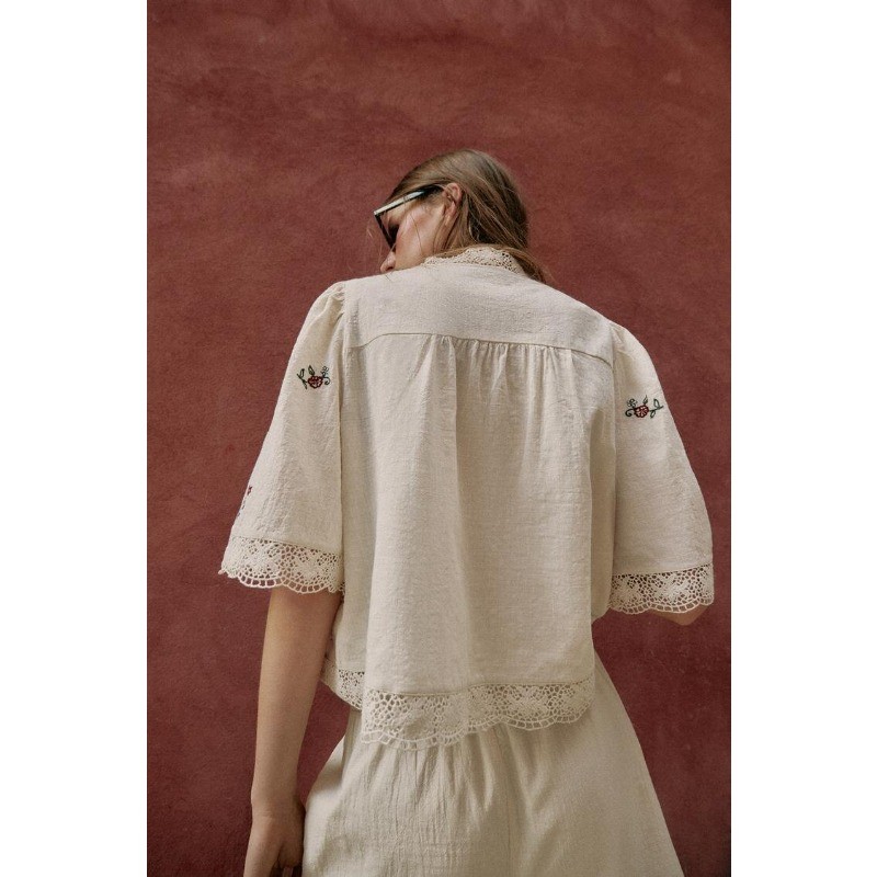 ZA เสื้อปักแขนสั้นคอวีผูกโบว์7200053 รูปที่ 5