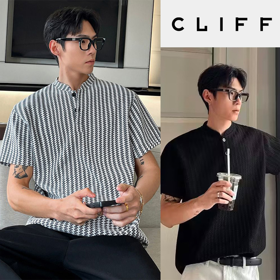 CLIFF เสื้อเชิ้ตผู้ชายลายทาง คอปกครึ่ง กระโปรงยาว ทรงหลวม เหมาะกับไปทำงานและเที่ยว