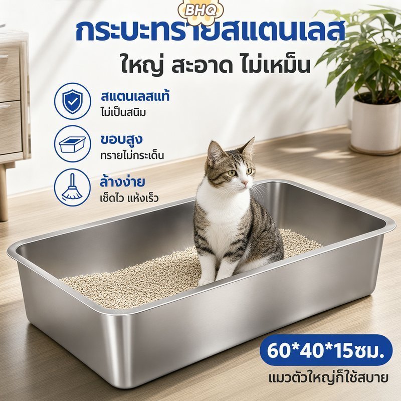 BHQ กล่องทรายแมวขนาดใหญ่ กระบะทรายสแตนเลส 304 กระบะทราย ปิดกึ่งปิด ห้องน้ำแมว แข็งแรงและทนทาน