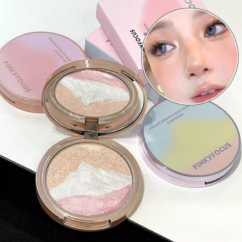 PINKYFOCUS High Gloss แป้งสามสีวางธรรมชาติสามมิติ Brightening Nature แผ่นแป้งไฮไลท์อเนกประสงค์