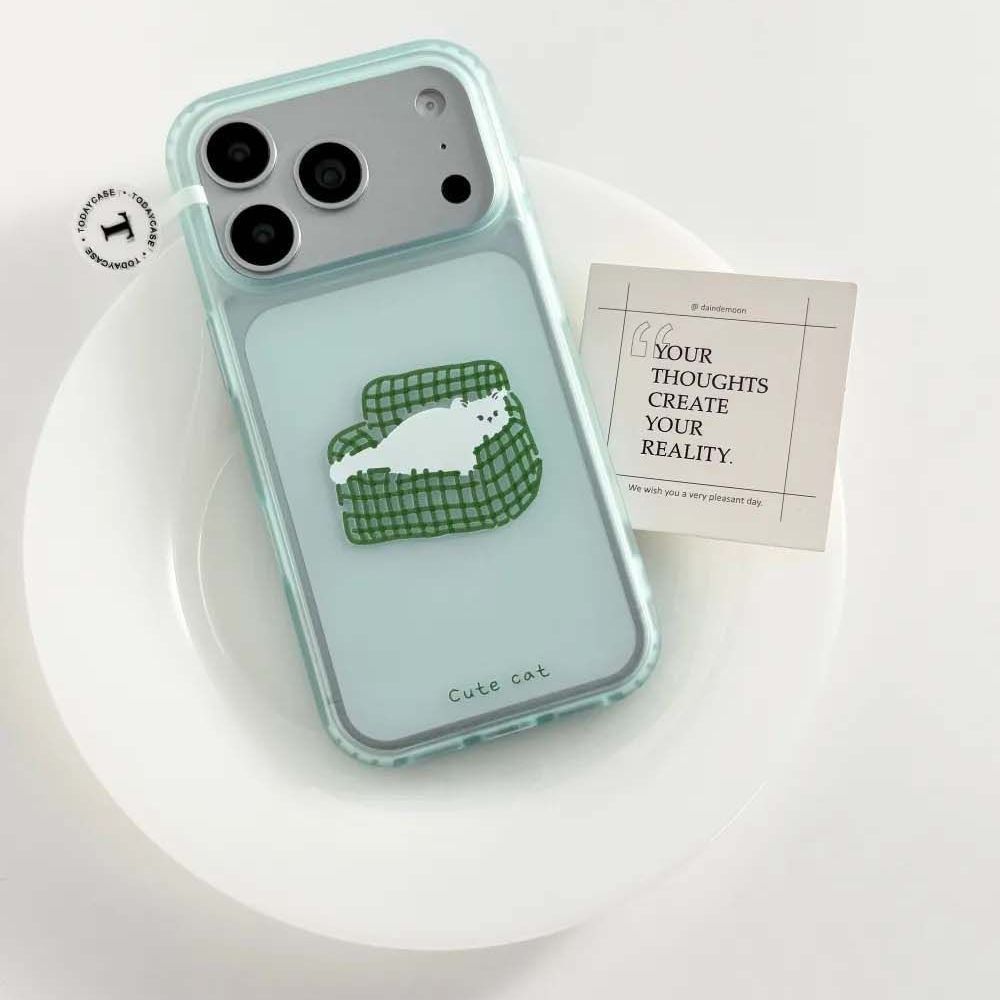 แมวโซฟาสีเขียวมิ้นท์เหมาะสําหรับ แอปเปิล 15โปรแม็กซ์ เคสโทรศัพท์ 17มือโปร โปร่งใส 16บวก/14 การ์ตูน 13 เคสโทรศัพท์