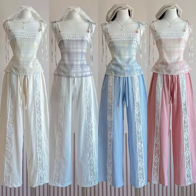 Macaron pastel เสื้อสายเดี่ยว แมท กางเกงลูกไม้ ( มีแยกขาย)