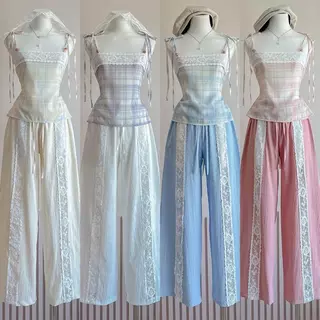 Macaron pastel เสื้อสายเดี่ยว แมท กางเกงลูกไม้ ( มีแยกขาย)