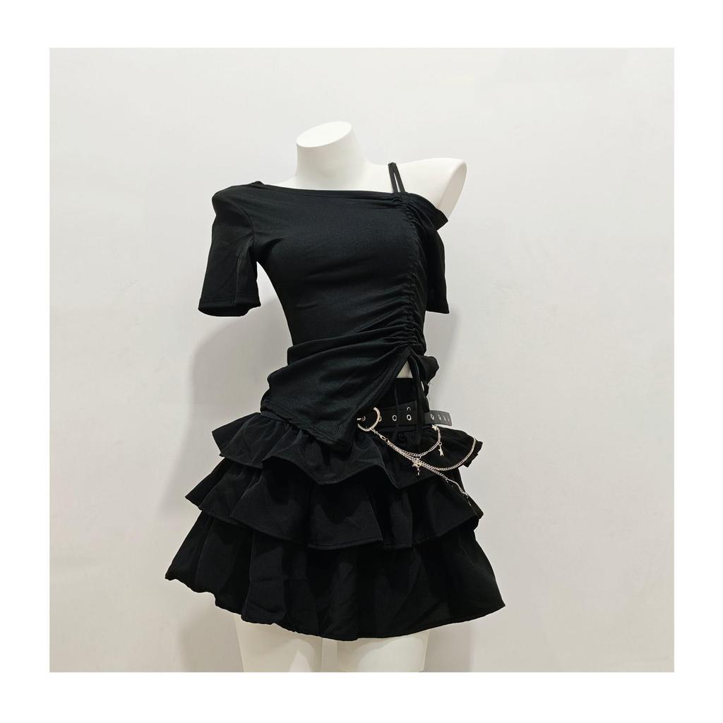 Black Gothic Accessories Design Fluffy Short Skirt Drawstring Short Sleeve Top Suit