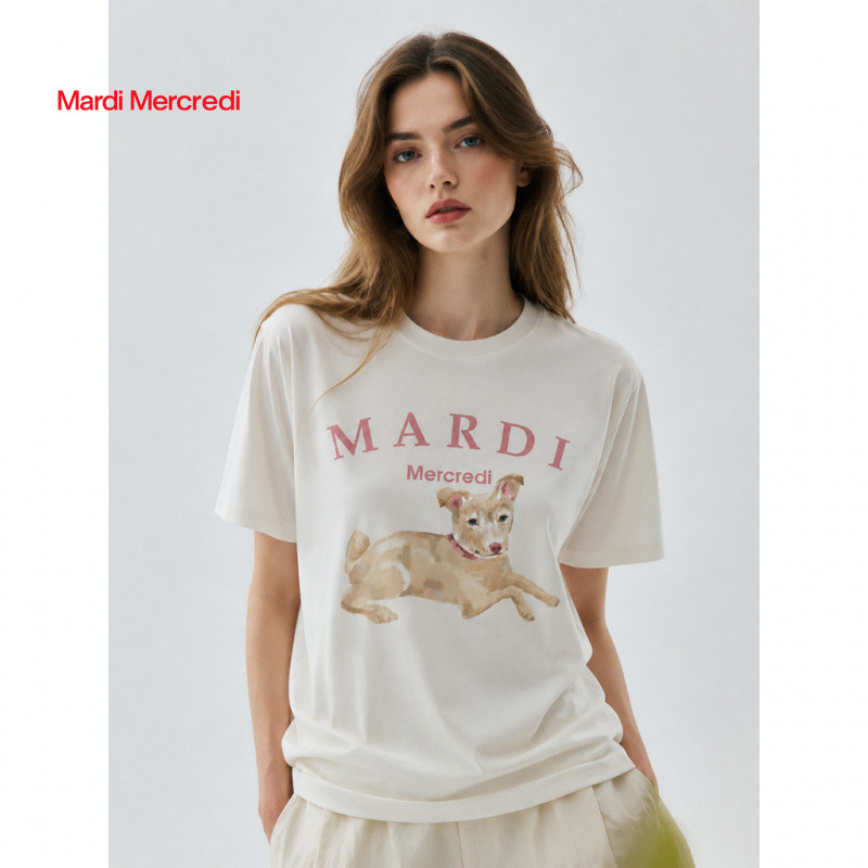 MARDI MERCREDI 26SS TSHIRT เสื้อยืดคอกลมลายหมาน้อยสีเหลืองสไตล์ภาพวาด ฤดูร้อน ทรงหลวม ใส่สบาย เกาหลี ของแท้ 100%