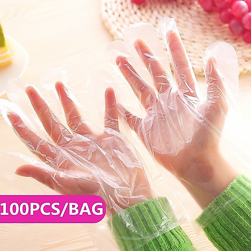 100 ชิ้นถุงมือแบบใช้แล้วทิ้ง One-off ถุงมือพลาสติกร้านอาหารถุงมือ PE โปร่งใสอุปกรณ์สวนครัว