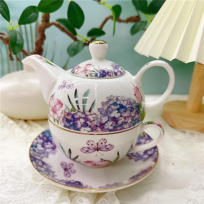 น้ําชายามบ่ายอังกฤษสําหรับหนึ่งชุดถ้วยกาแฟเซรามิกปิดทองและจานรองและหม้อถ้วยชาหอมกุหลาบ/ทิวลิป/ไฮเดรนเยีย