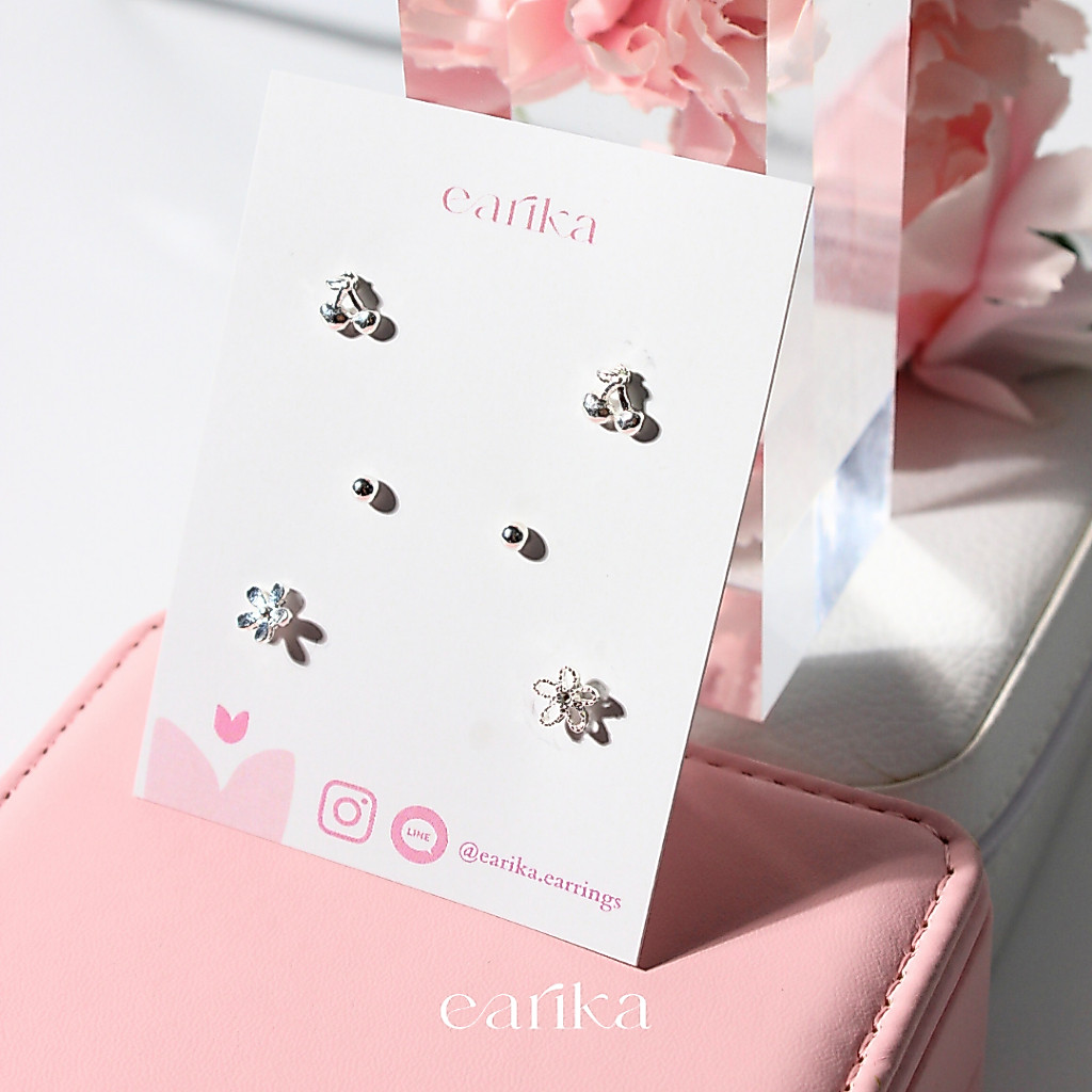 earika.earrings - cherry on top set เซ็ตต่างหูก้านเงินแท้ชุบทองคำขาวตีมดอกไม้เชอร์รี่ เหมาะสำหรับคนแพ้ง่าย