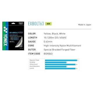 YONEX EXBOLT 63 เอ็นแบดมินตัน เส้นใยถักขนาด 0.63 มม. ผลิตประเทศญี่ปุ่น มีความทนทานสูง เพิ่มแรงดีด และเสียงไพเราะ