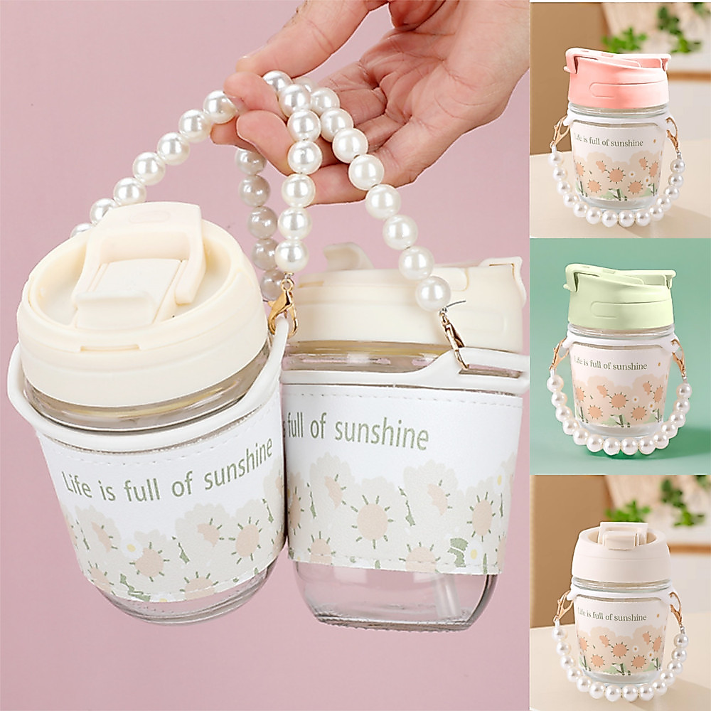 (สินค้าพร้อมส่งจากไทย) แก้วน้ำมินิมอลพร้อมสายไข่มุก ขนาด 350 ml  ลายดอกไม้น่ารักมาก