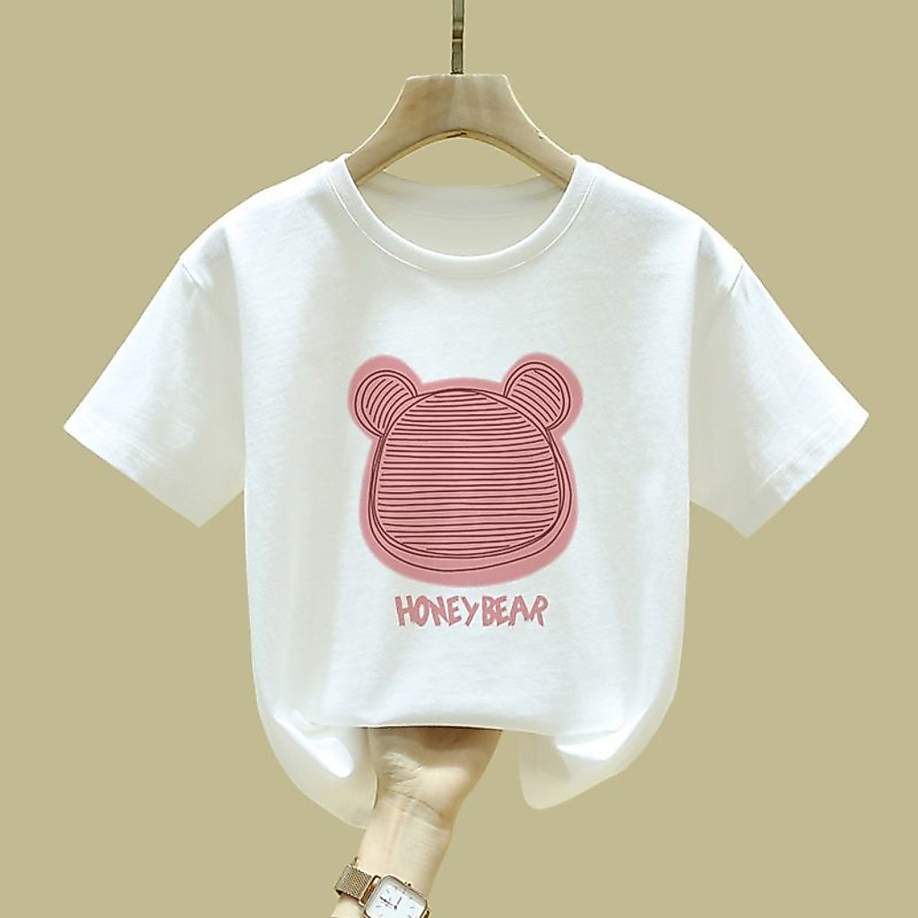 เสื้อยืดแขนสั้นเด็กผู้หญิงผ้าฝ้ายหลวมฤดูร้อนใหม่เสื้อผ้าเด็กเสื้อแขนสั้นสีชมพูเก๋ๆ