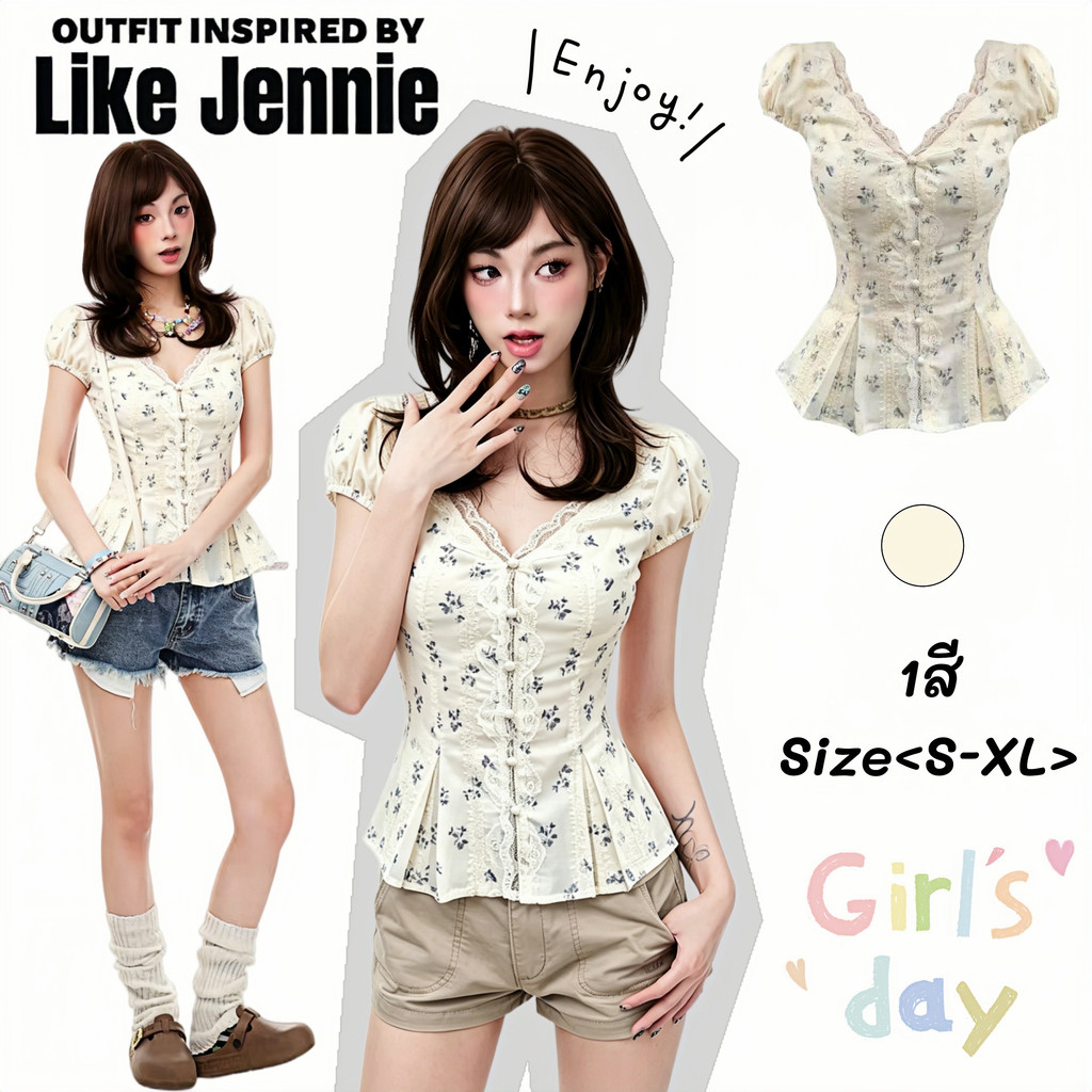 JENNIE🍤พร้อมส่ง🍰เสื้อเชิ้ตแขนสั้นลายดอกผูกเชือกลูกไม้รัดเอวผอมเพรียวสไตล์สาวหวานสไปซี่แฟชั่นพิเศษ