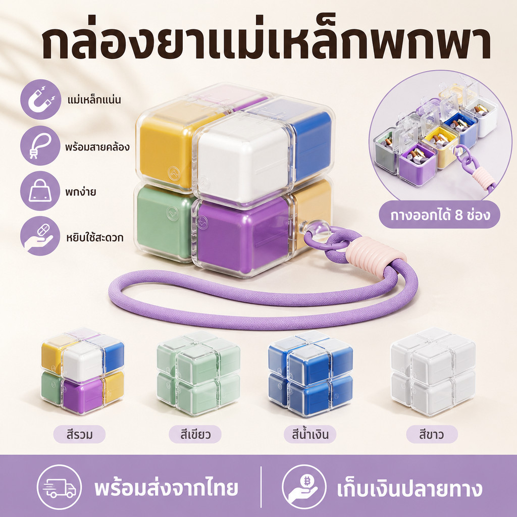 กล่องจัดยาแม่เหล็ก 8 ช่อง ขนาดกะทัดรัด สำหรับยา วิตามิน อาหารเสริม พกติดตัวได้ทุกวัน