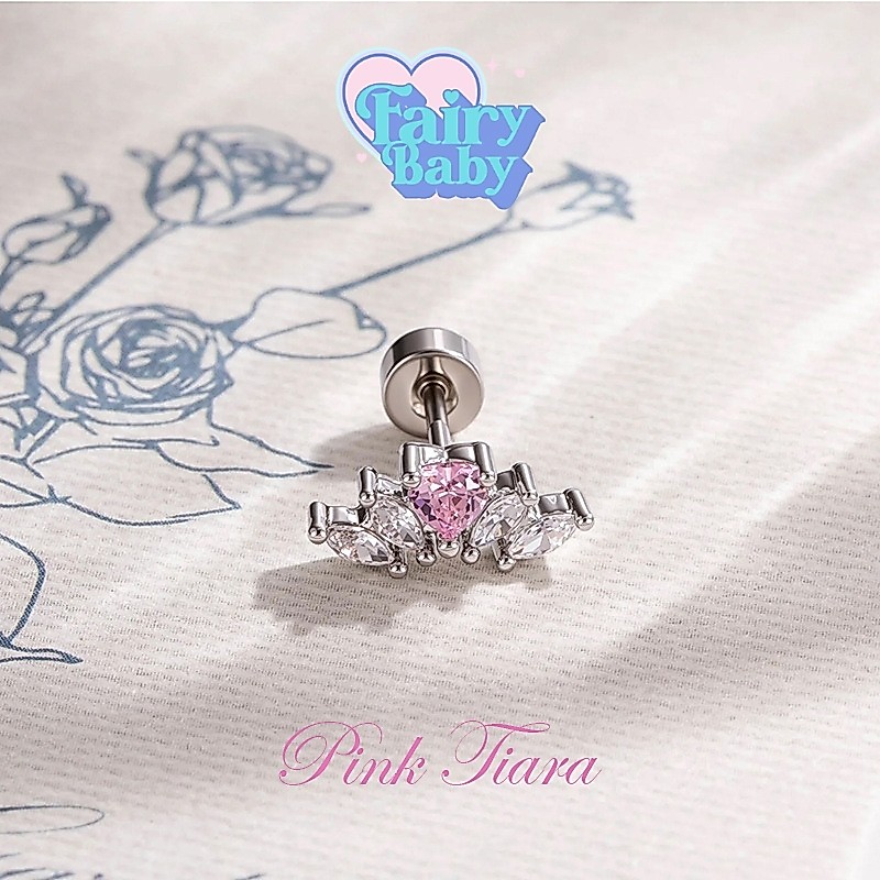 Fairybaby จิว Pink Tiara ( 1 ชิ้น ) แป้นแบน จิวตุ้มหู รูปมงกุฏ ชมพู ขาว วิ้งๆ เล่นแสง 0.8 ยาว 6 mm (J3-117)