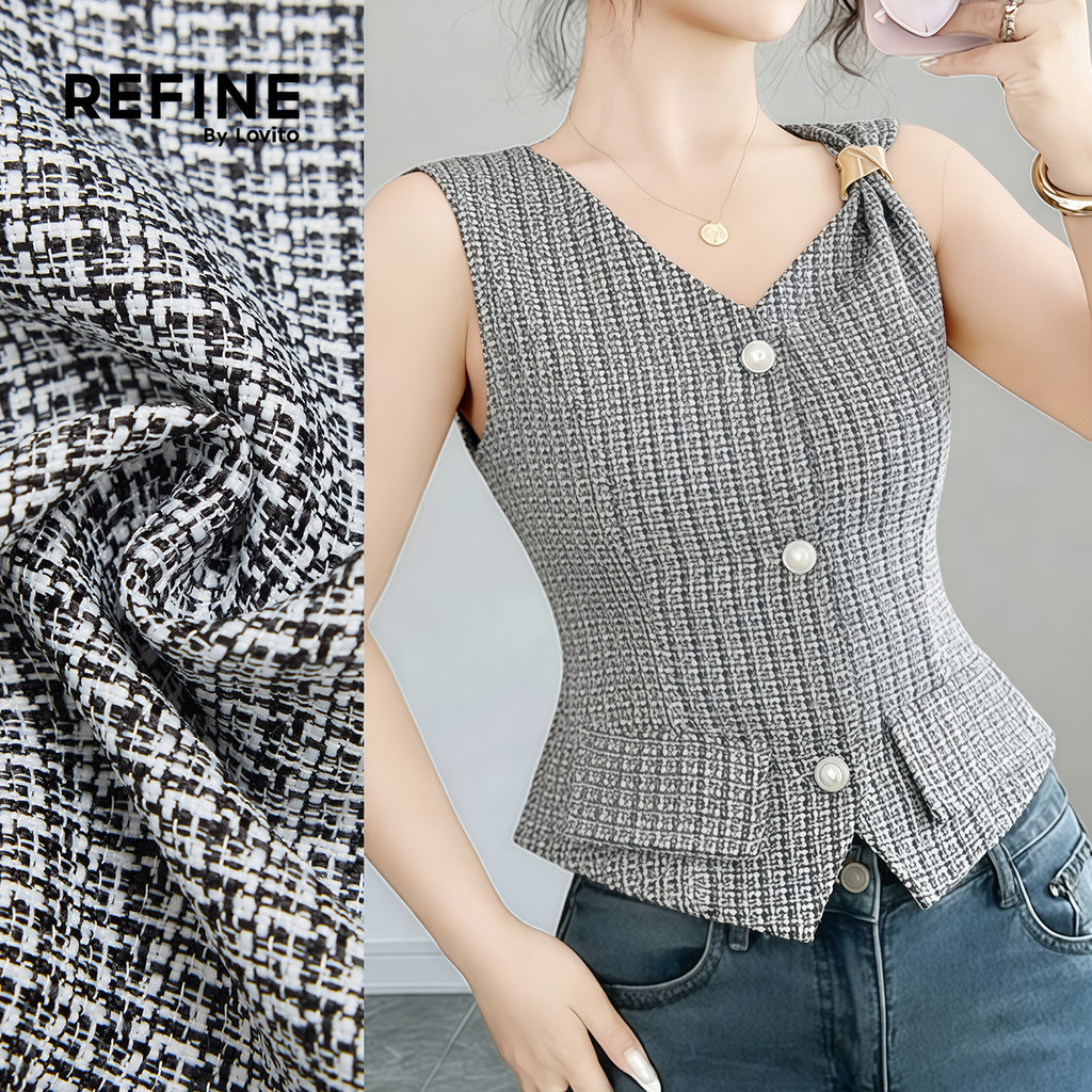 (Refine by Lovito) เสื้อเบลาส์ผู้หญิง ท็อปประดับไข่มุก พร้อมหัวเข็มขัดโลหะ สไตล์ฤดูใบไม้ผลิ/ฤดูร้อน LR35E087