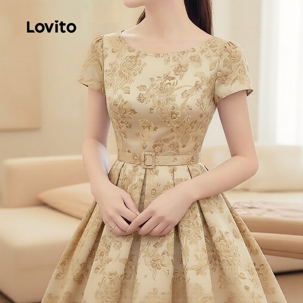 Lovito สง่างาม เดรสพลีต พร้อมเข็มขัด สีคากี สําหรับผู้หญิง เหมาะสําหรับฤดูใบไม้ผลิ/ฤดูร้อน L183ED068