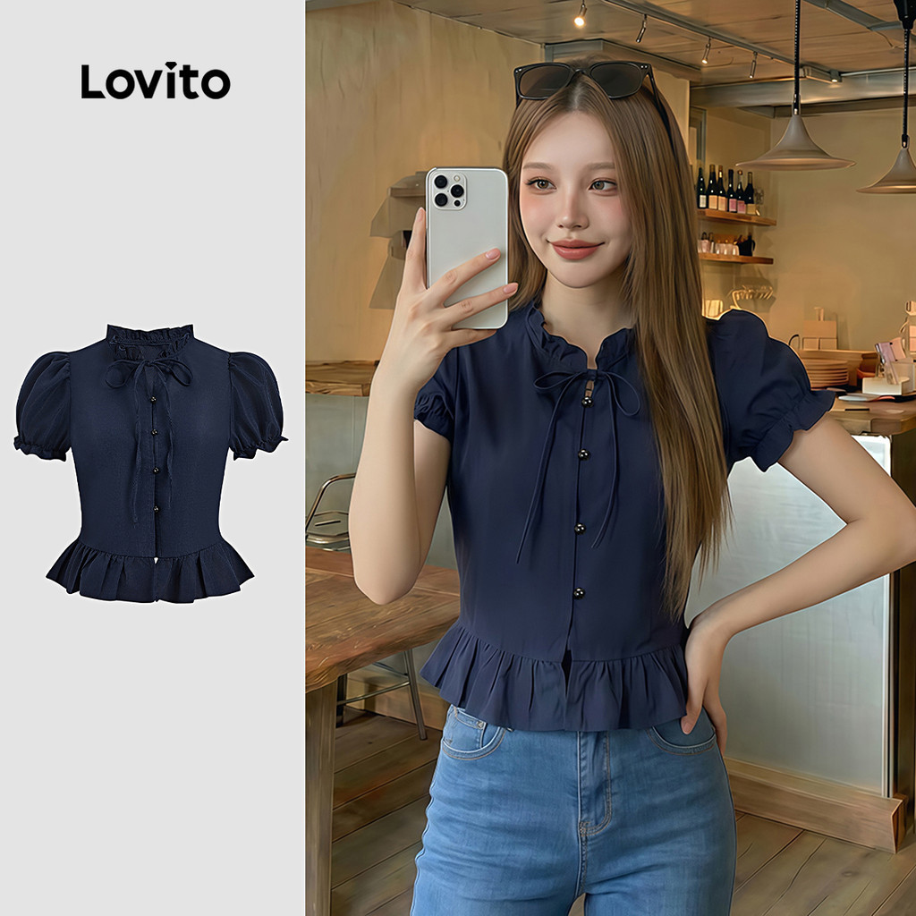 Lovito แคชชวล เสื้อเชิ้ตผู้หญิงสไตล์เพรปปี้ แต่งขอบหยักกระดุมหน้า สําหรับฤดูใบไม้ผลิ/ฤดูร้อน สีฟ้า L185AD111