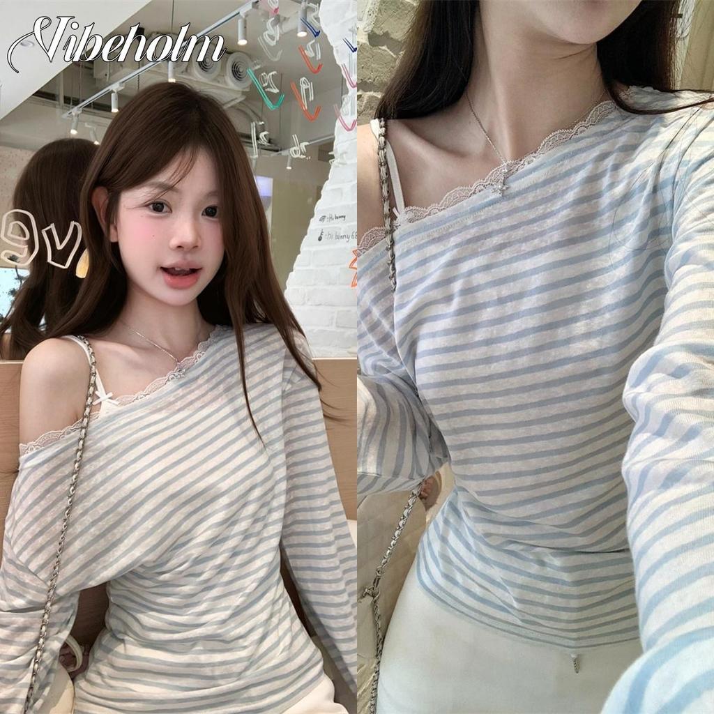 เสื้อยืดปักเลื่อม สไตล์หวาน ปาดไหล่ แขนยาว สไตล์สุภาพสตรี ฤดูใบไม้ร่วง ดีไซน์ลายทางแฟชั่น เสื้อเปิดไหล่ เสื้อเข้ารูป เสื้อกั๊ก เสื้อสั้น คล้องคอ เสื้อปาดไหล่